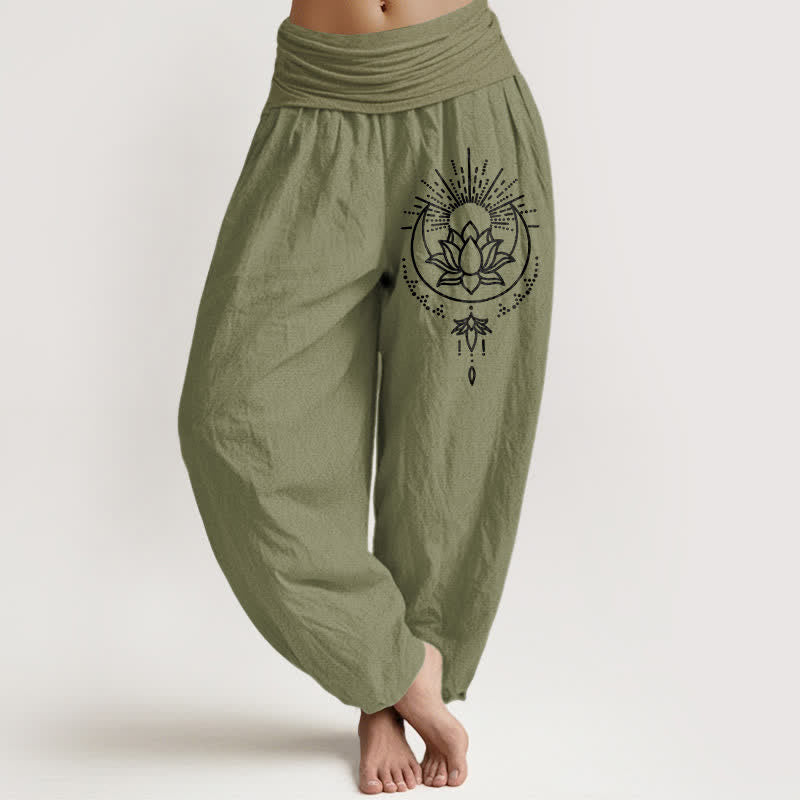 Buddha Stones Pure Cotton Lotus Pattern Women's Elastic Waist Harem Pants - OliveDrab - US16，UK/AU20，EU48 (3XL) - image 14