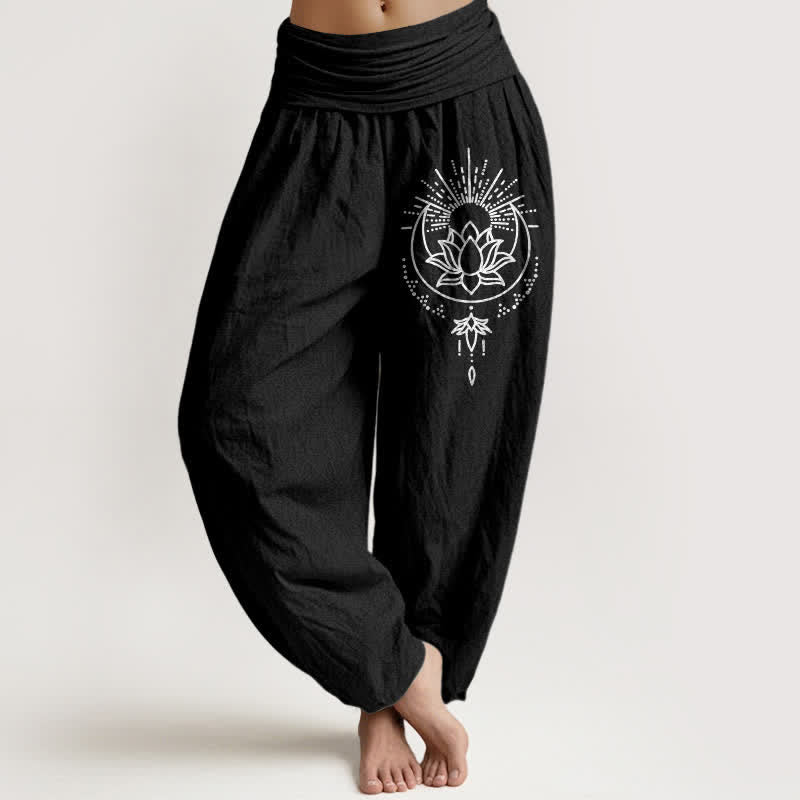 Buddha Stones Pure Cotton Lotus Pattern Women's Elastic Waist Harem Pants - Black - US16，UK/AU20，EU48 (3XL) - image 5