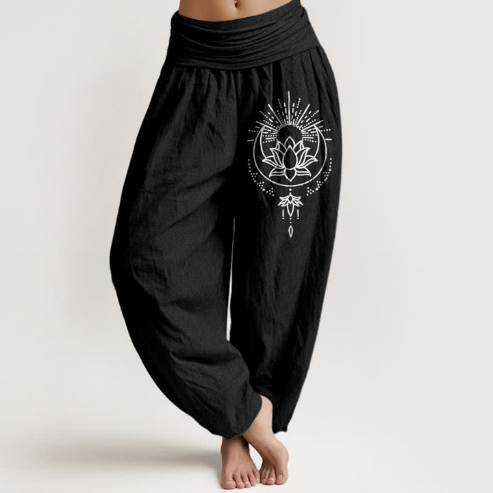 Buddha Stones Pure Cotton Lotus Pattern Women's Elastic Waist Harem Pants - Black - US16，UK/AU20，EU48 (3XL) - image 5