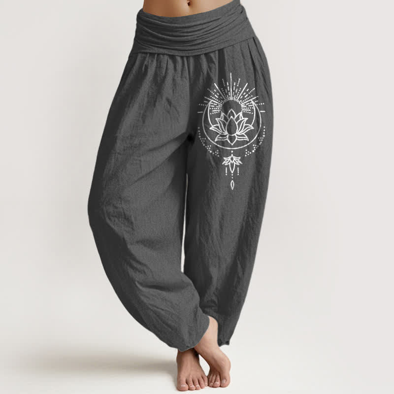 Buddha Stones Pure Cotton Lotus Pattern Women's Elastic Waist Harem Pants - DimGray - US16，UK/AU20，EU48 (3XL) - image 11