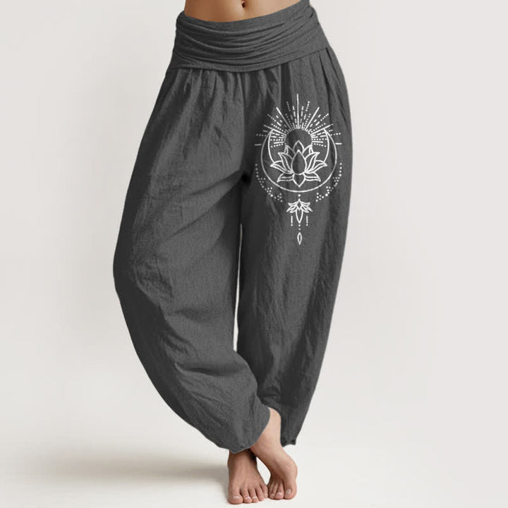 Buddha Stones Pure Cotton Lotus Pattern Women's Elastic Waist Harem Pants - DimGray - US16，UK/AU20，EU48 (3XL) - image 11