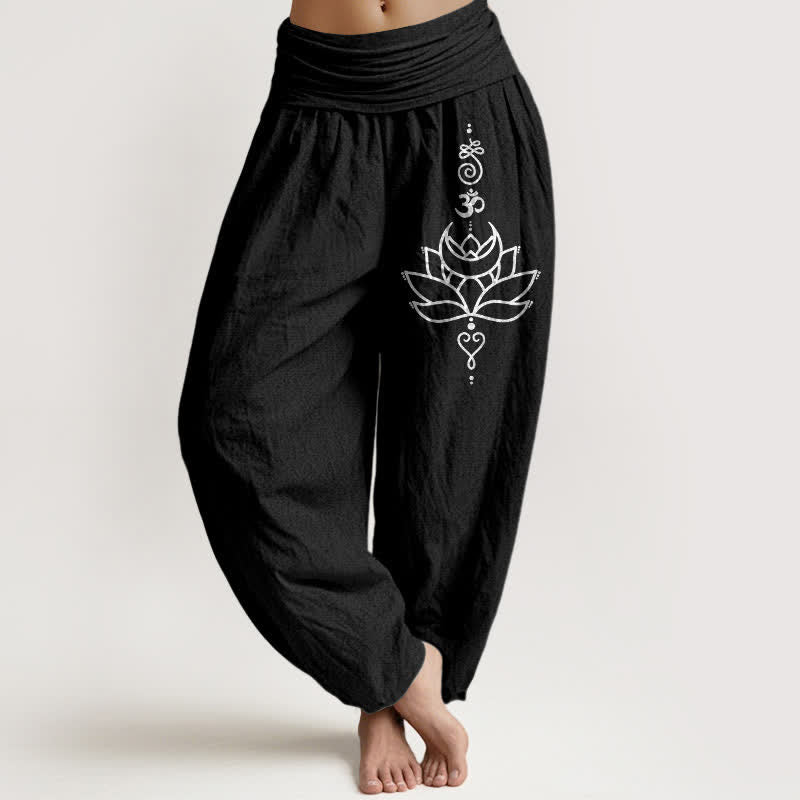 Buddha Stones Pure Cotton Lotus Bloom Pattern Women's Elastic Waist Harem Pants - Black - US16，UK/AU20，EU48 (3XL) - image 5