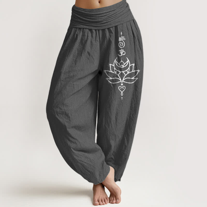 Buddha Stones Pure Cotton Lotus Bloom Pattern Women's Elastic Waist Harem Pants - DimGray - US16，UK/AU20，EU48 (3XL) - image 8