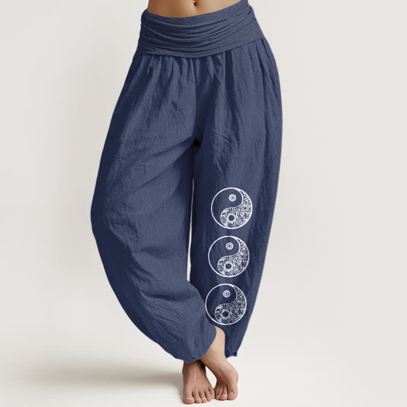 Buddha Stones Pure Cotton Yin Yang Pattern Women's Elastic Waist Harem Pants - DarkSlateBlue - US16，UK/AU20，EU48 (3XL) - image 5
