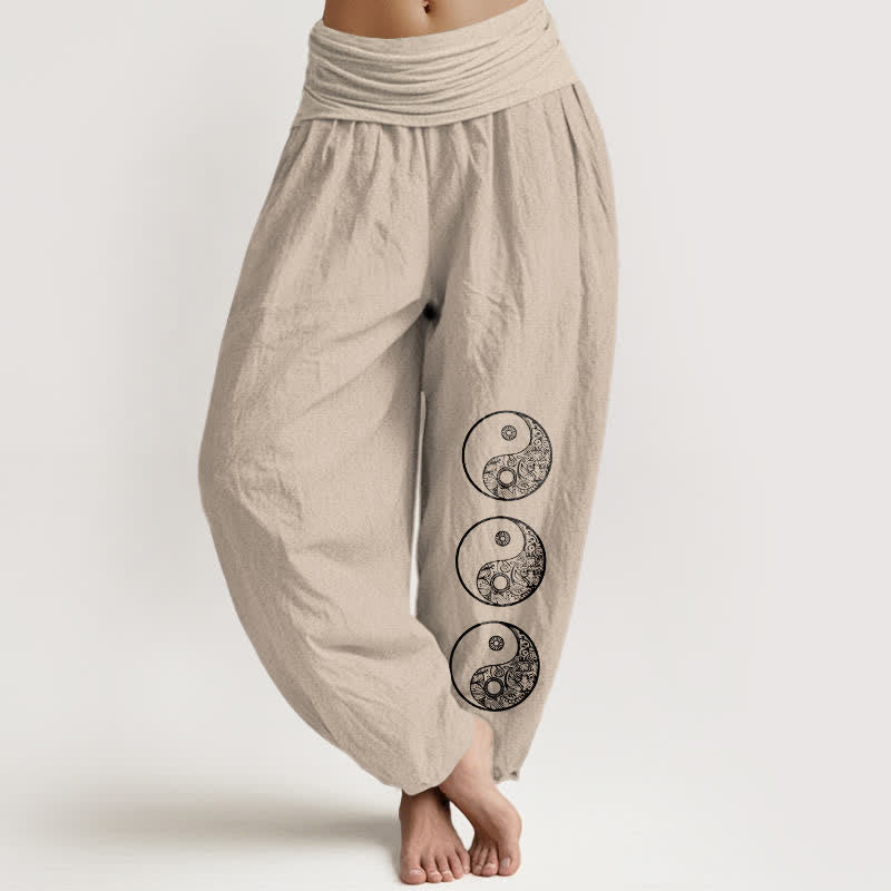 Buddha Stones Pure Cotton Yin Yang Pattern Women's Elastic Waist Harem Pants - Tan - US16，UK/AU20，EU48 (3XL) - image 11