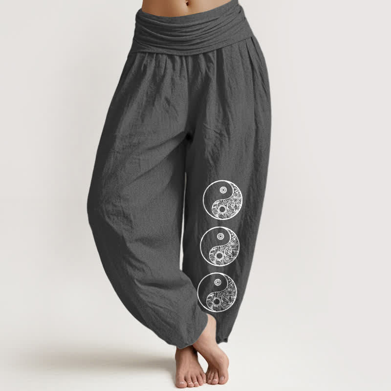 Buddha Stones Pure Cotton Yin Yang Pattern Women's Elastic Waist Harem Pants - DimGray - US16，UK/AU20，EU48 (3XL) - image 8