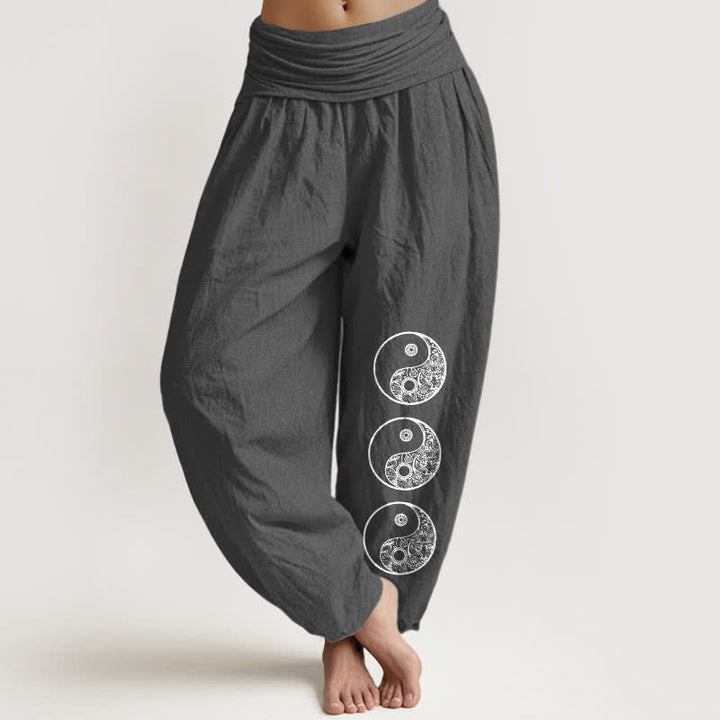 Buddha Stones Pure Cotton Yin Yang Pattern Women's Elastic Waist Harem Pants - DimGray - US16，UK/AU20，EU48 (3XL) - image 8