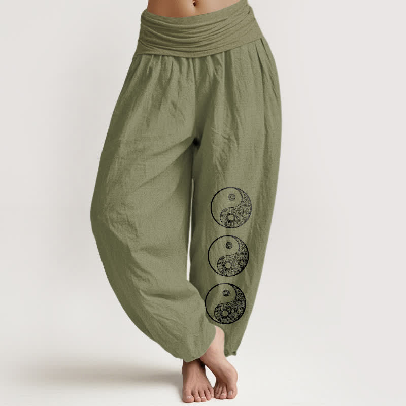 Buddha Stones Pure Cotton Yin Yang Pattern Women's Elastic Waist Harem Pants - OliveDrab - US16，UK/AU20，EU48 (3XL) - image 14