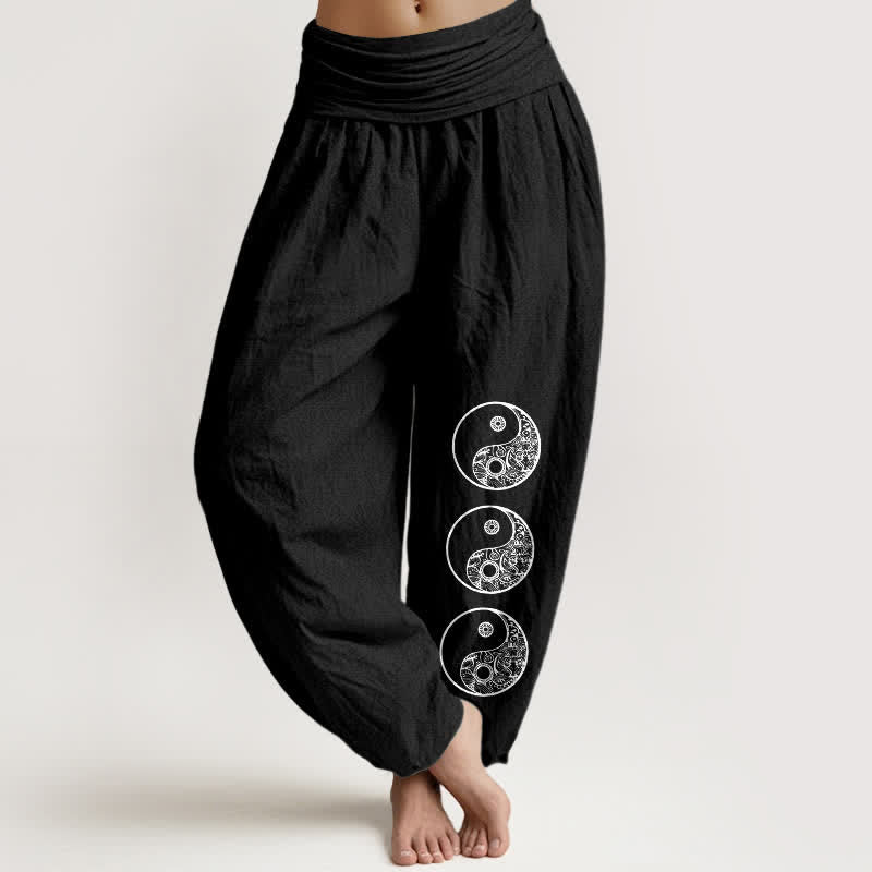 Buddha Stones Pure Cotton Yin Yang Pattern Women's Elastic Waist Harem Pants - Black - US16，UK/AU20，EU48 (3XL) - image 0