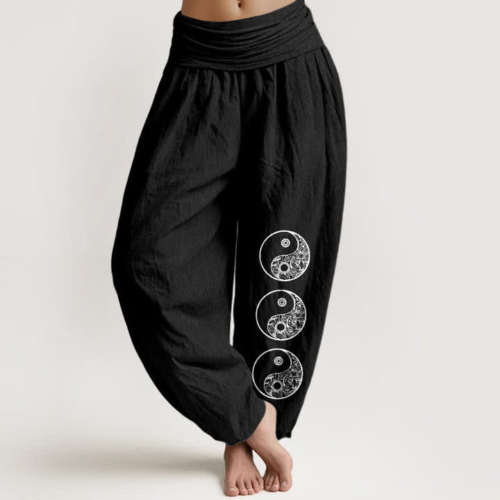 Buddha Stones Pure Cotton Yin Yang Pattern Women's Elastic Waist Harem Pants - Black - US16，UK/AU20，EU48 (3XL) - image 0