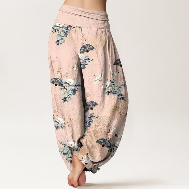 Buddha Stones Cotton Crane Fan Floral Pattern Women's Elastic Waist Harem Pants - image 1