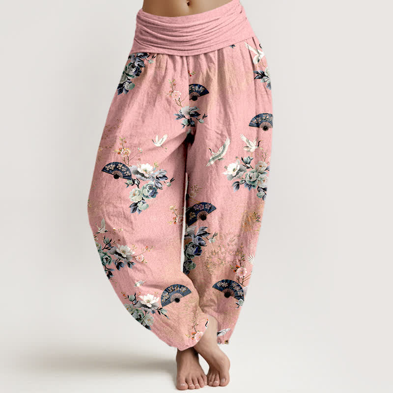 Buddha Stones Cotton Crane Fan Floral Pattern Women's Elastic Waist Harem Pants - Pink - US16，UK/AU20，EU48 (3XL) - image 5