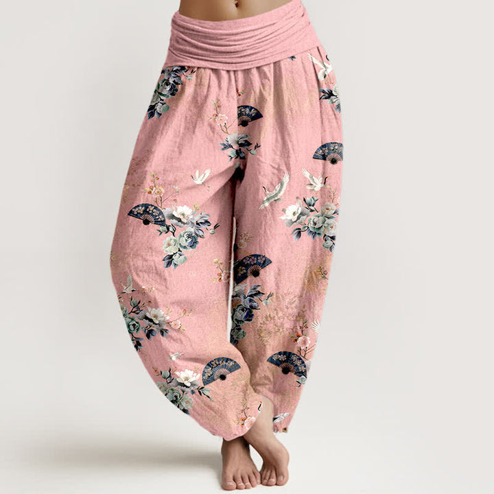 Buddha Stones Cotton Crane Fan Floral Pattern Women's Elastic Waist Harem Pants - Pink - US16，UK/AU20，EU48 (3XL) - image 5