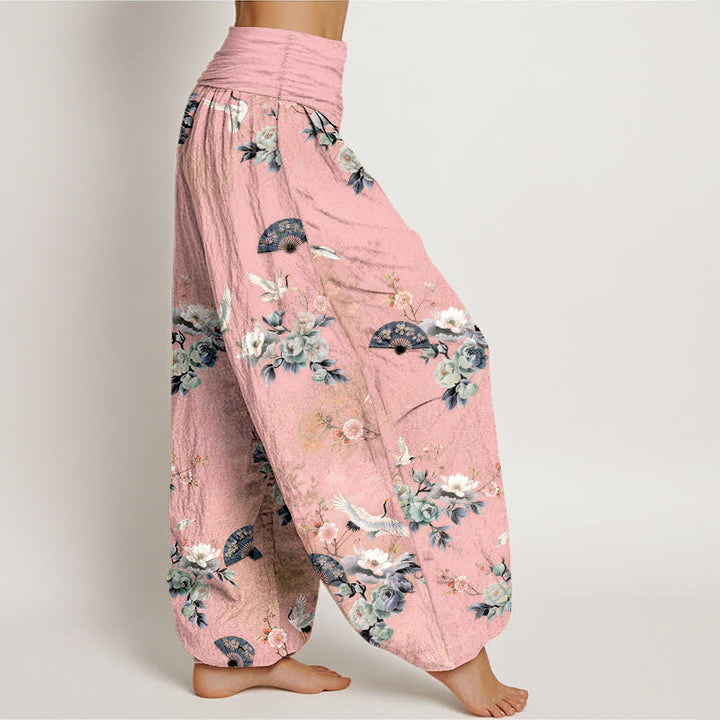 Buddha Stones Cotton Crane Fan Floral Pattern Women's Elastic Waist Harem Pants - image 7