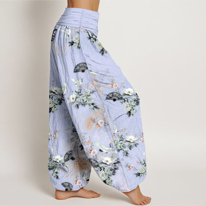 Buddha Stones Cotton Crane Fan Floral Pattern Women's Elastic Waist Harem Pants - image 10