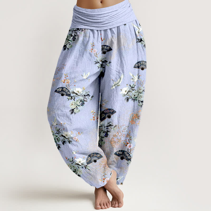 Buddha Stones Cotton Crane Fan Floral Pattern Women's Elastic Waist Harem Pants - Lavender - US16，UK/AU20，EU48 (3XL) - image 8