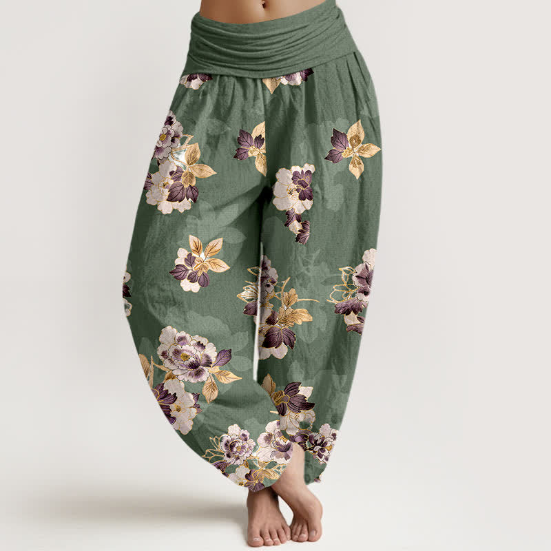 Buddha Stones Pure Cotton Vintage Floral Pattern Women's Elastic Waist Harem Pants - OliveDrab - US16，UK/AU20，EU48 (3XL) - image 0