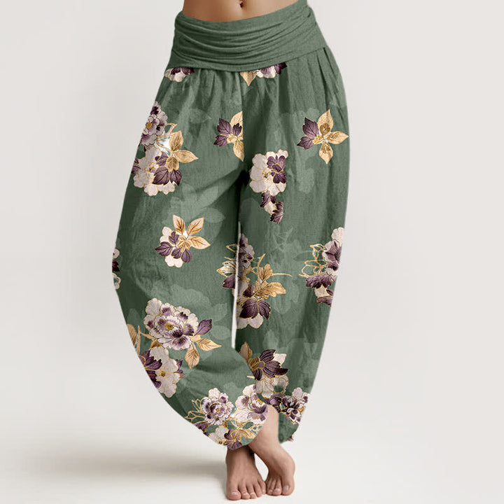 Buddha Stones Pure Cotton Vintage Floral Pattern Women's Elastic Waist Harem Pants - OliveDrab - US16，UK/AU20，EU48 (3XL) - image 0