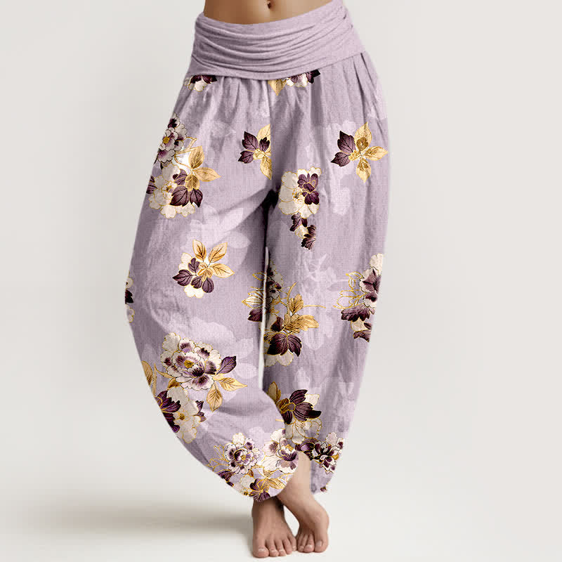 Buddha Stones Pure Cotton Vintage Floral Pattern Women's Elastic Waist Harem Pants - Lavender - US16，UK/AU20，EU48 (3XL) - image 5