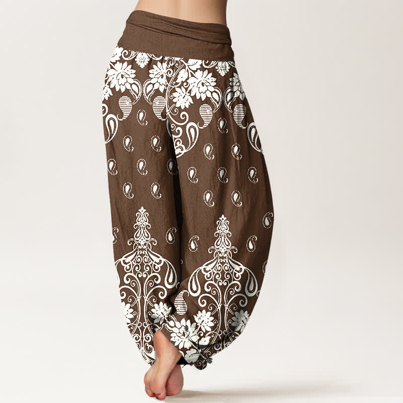 Buddha Stones Pure Cotton White Paisley Floral Pattern Women's Elastic Waist Harem Pants - image 1