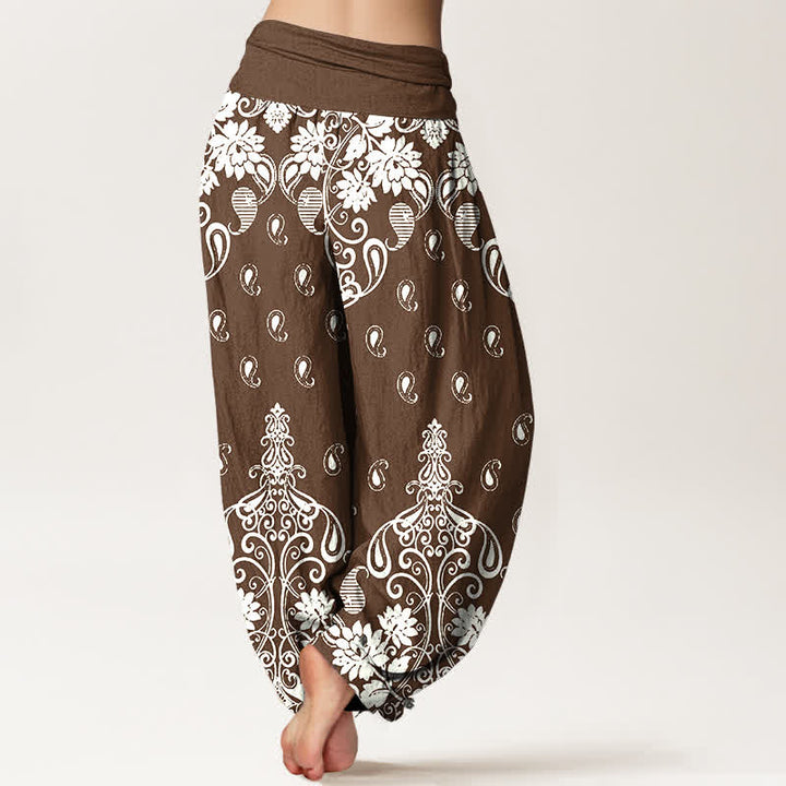 Buddha Stones Pure Cotton White Paisley Floral Pattern Women's Elastic Waist Harem Pants - image 1