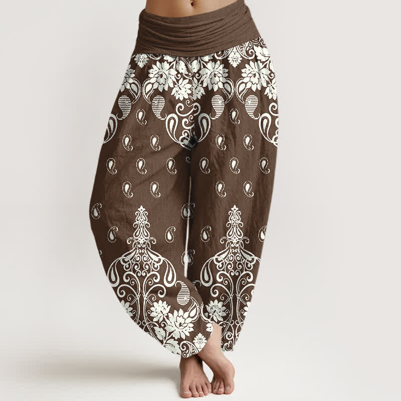 Buddha Stones Pure Cotton White Paisley Floral Pattern Women's Elastic Waist Harem Pants - SaddleBrown - US16，UK/AU20，EU48 (3XL) - image 0