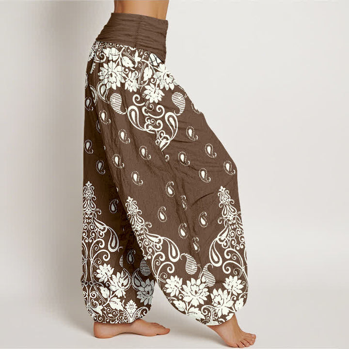 Buddha Stones Pure Cotton White Paisley Floral Pattern Women's Elastic Waist Harem Pants - image 2