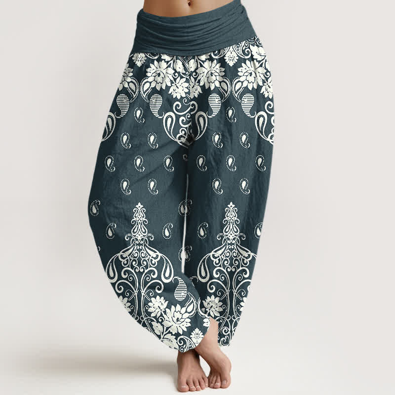 Buddha Stones Pure Cotton White Paisley Floral Pattern Women's Elastic Waist Harem Pants - DarkCyan - US16，UK/AU20，EU48 (3XL) - image 5
