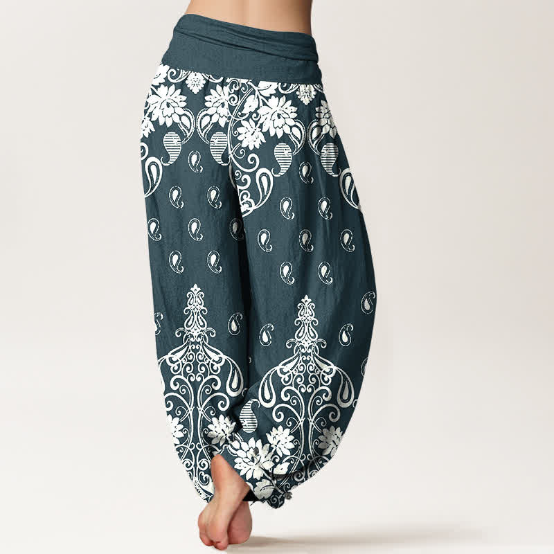 Buddha Stones Pure Cotton White Paisley Floral Pattern Women's Elastic Waist Harem Pants - image 6