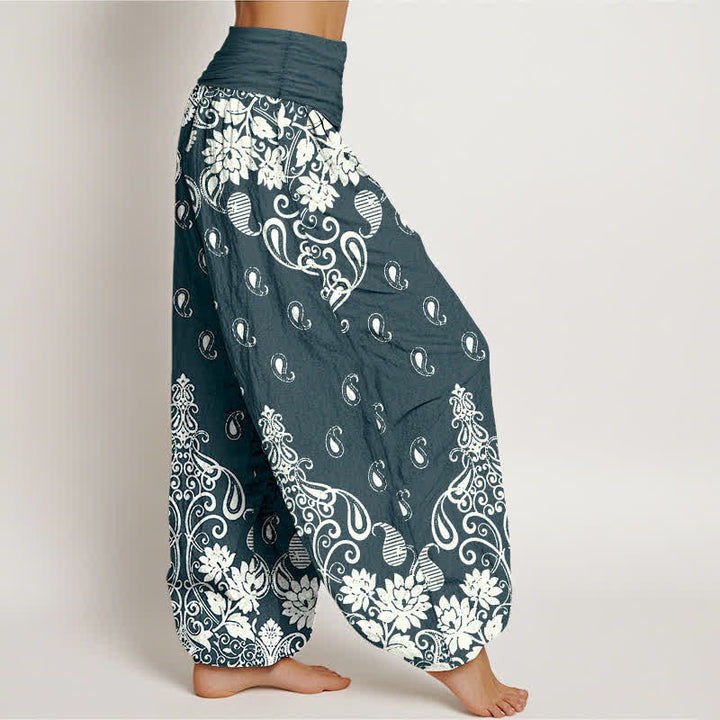 Buddha Stones Pure Cotton White Paisley Floral Pattern Women's Elastic Waist Harem Pants - image 7