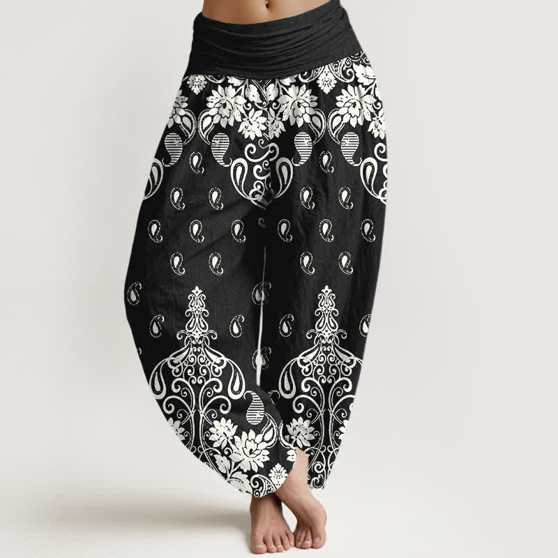 Buddha Stones Pure Cotton White Paisley Floral Pattern Women's Elastic Waist Harem Pants - Black - US16，UK/AU20，EU48 (3XL) - image 8