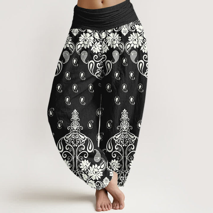 Buddha Stones Pure Cotton White Paisley Floral Pattern Women's Elastic Waist Harem Pants - Black - US16，UK/AU20，EU48 (3XL) - image 8