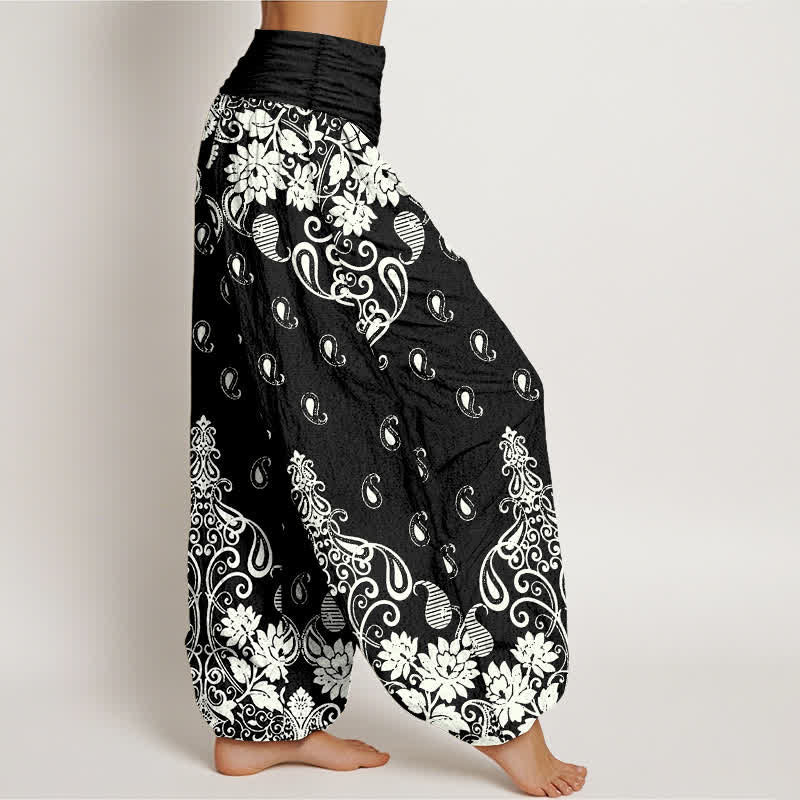 Buddha Stones Pure Cotton White Paisley Floral Pattern Women's Elastic Waist Harem Pants - image 10