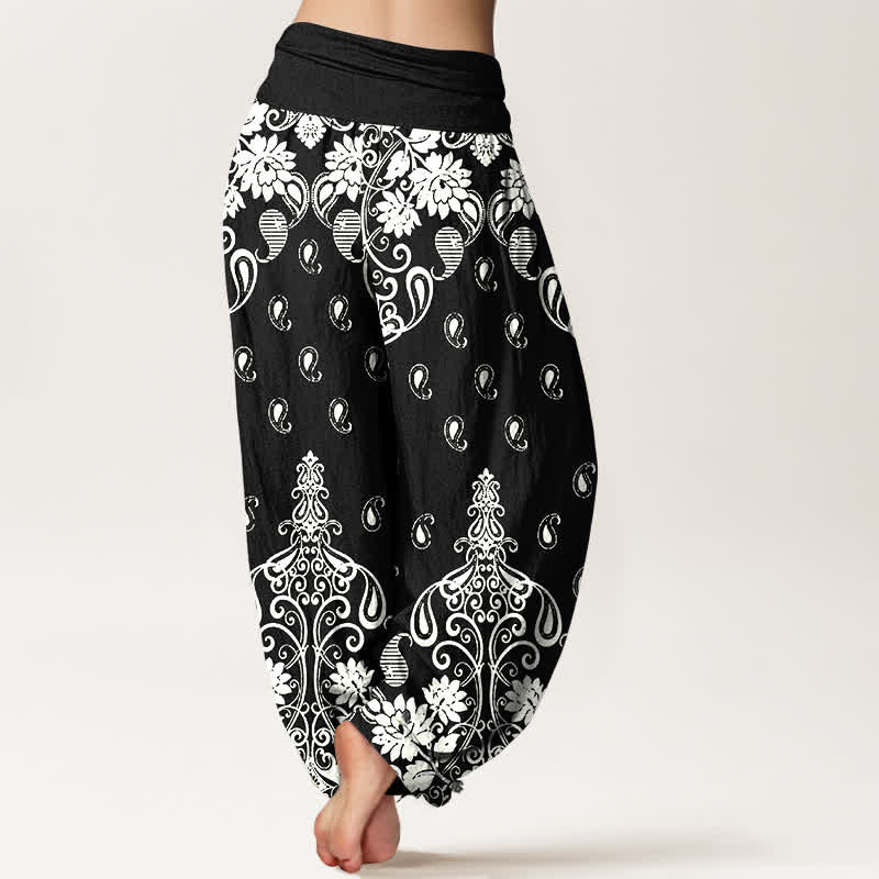Buddha Stones Pure Cotton White Paisley Floral Pattern Women's Elastic Waist Harem Pants - image 9