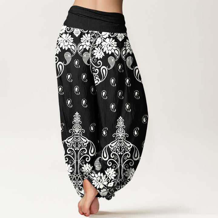 Buddha Stones Pure Cotton White Paisley Floral Pattern Women's Elastic Waist Harem Pants - image 9
