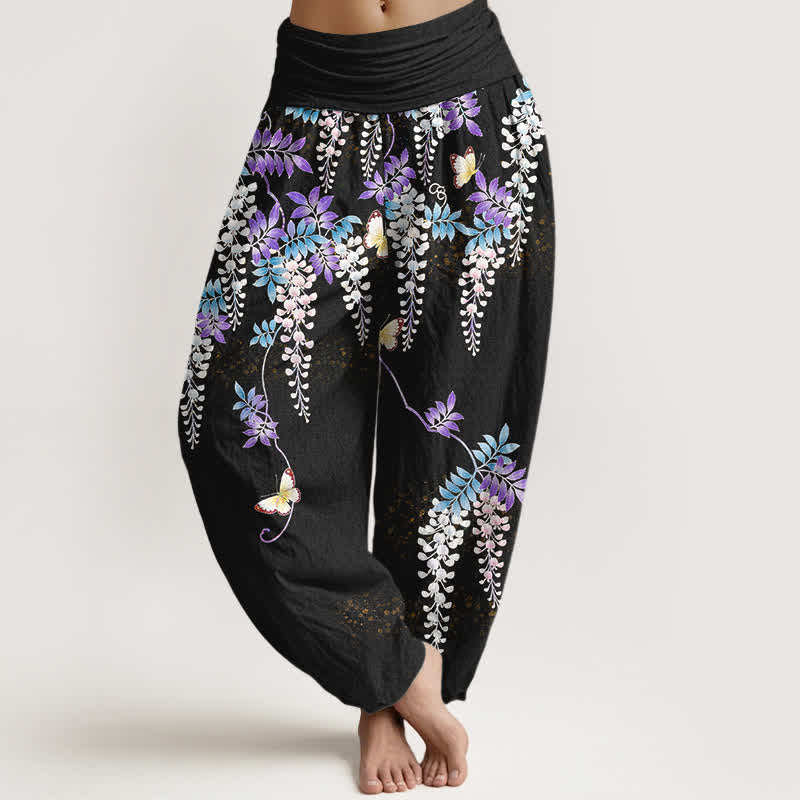 Buddha Stones Pure Cotton Wisteria Butterfly Pattern Women's Elastic Waist Harem Pants - Black - US16，UK/AU20，EU48 (3XL) - image 0