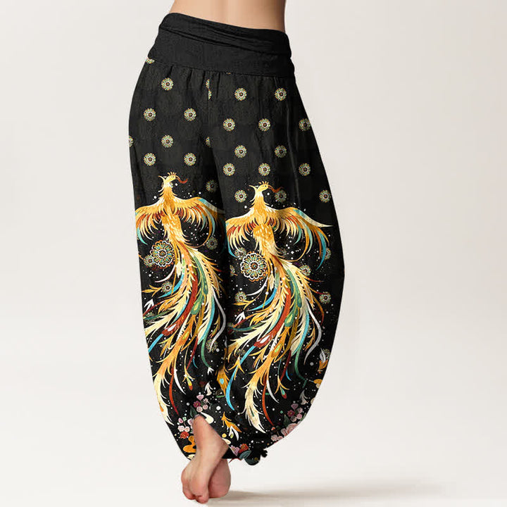 Buddha Stones Cotton Gold Phoenix Pattern Women's Elastic Waist Harem Pants - image 1
