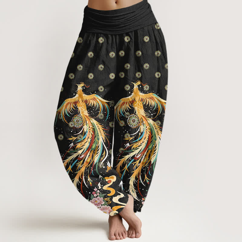 Buddha Stones Cotton Gold Phoenix Pattern Women's Elastic Waist Harem Pants - Black - US16，UK/AU20，EU48 (3XL) - image 0