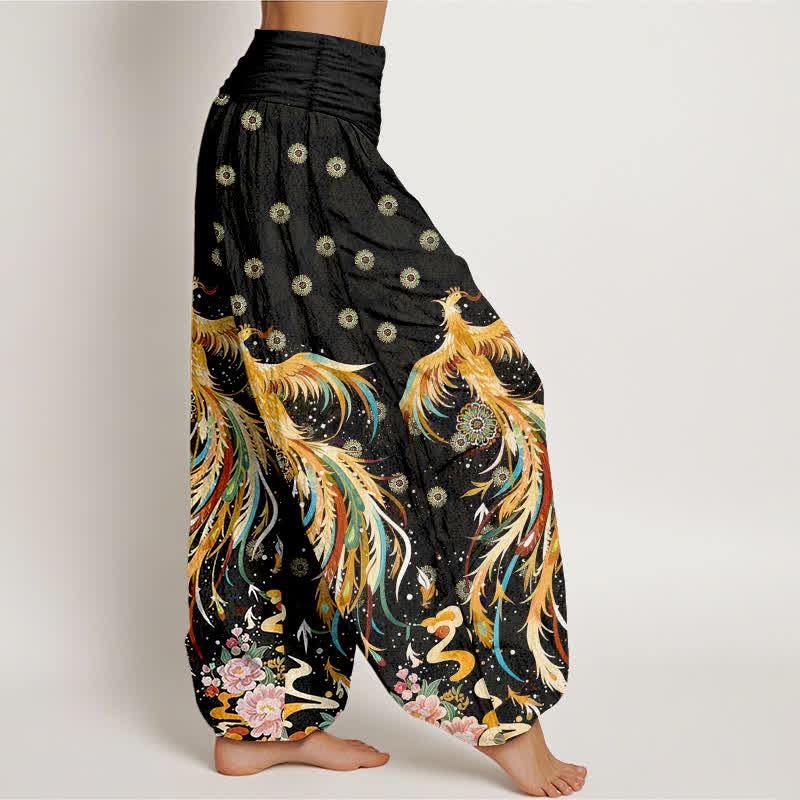 Buddha Stones Cotton Gold Phoenix Pattern Women's Elastic Waist Harem Pants - image 2