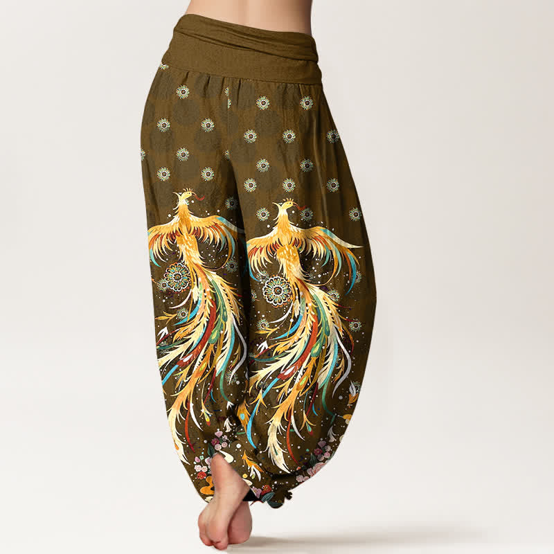 Buddha Stones Cotton Gold Phoenix Pattern Women's Elastic Waist Harem Pants - image 6