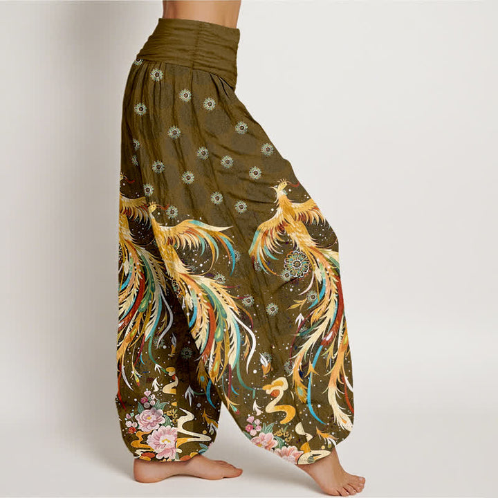 Buddha Stones Cotton Gold Phoenix Pattern Women's Elastic Waist Harem Pants - image 7