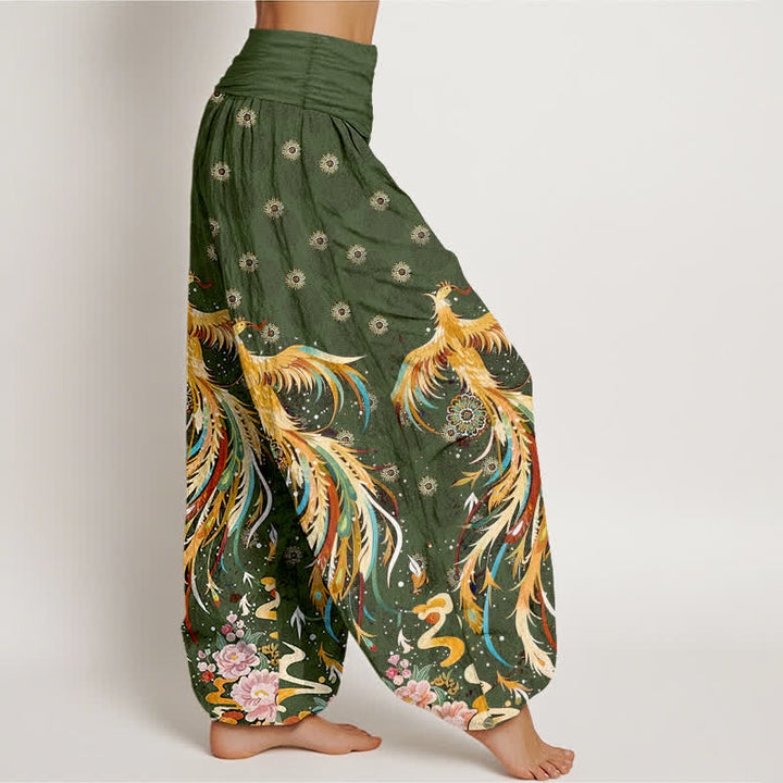 Buddha Stones Cotton Gold Phoenix Pattern Women's Elastic Waist Harem Pants - image 10