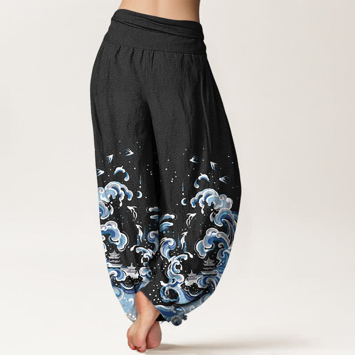 Buddha Stones Cotton Ocean Blue Wave Pattern Women's Elastic Waist Harem Pants - image 1