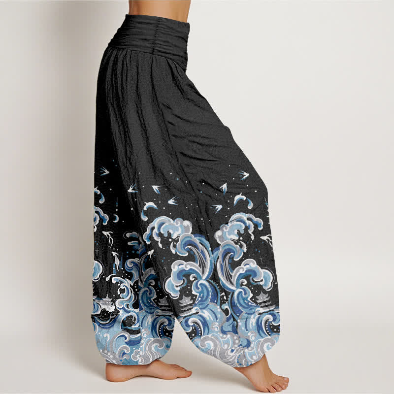 Buddha Stones Cotton Ocean Blue Wave Pattern Women's Elastic Waist Harem Pants - image 2