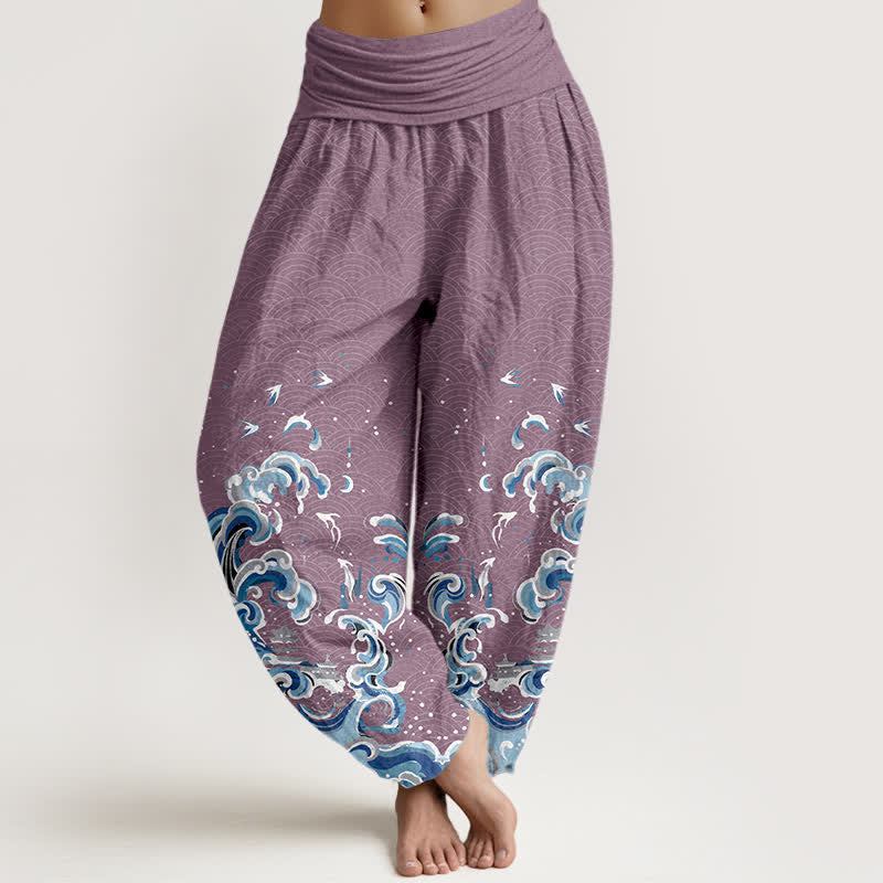 Buddha Stones Cotton Ocean Blue Wave Pattern Women's Elastic Waist Harem Pants - Plum - US16，UK/AU20，EU48 (3XL) - image 5