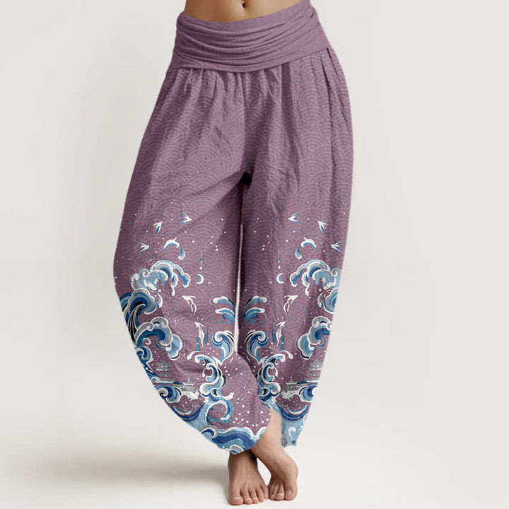 Buddha Stones Cotton Ocean Blue Wave Pattern Women's Elastic Waist Harem Pants - Plum - US16，UK/AU20，EU48 (3XL) - image 5