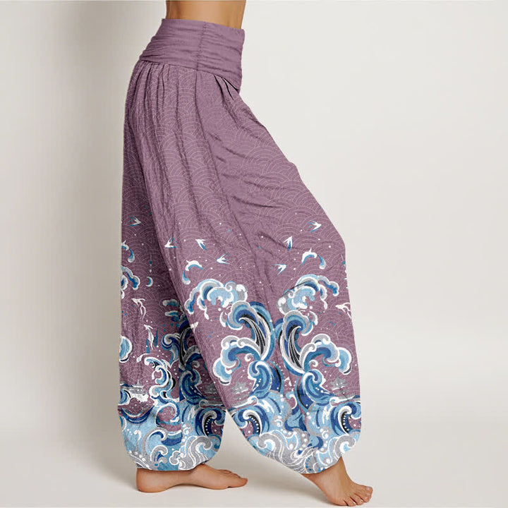 Buddha Stones Cotton Ocean Blue Wave Pattern Women's Elastic Waist Harem Pants - image 7