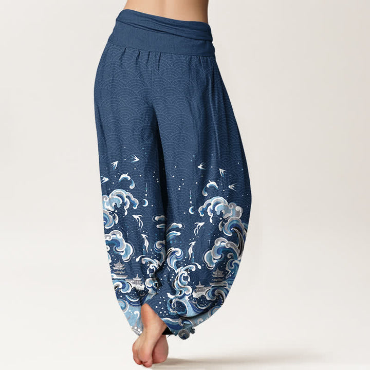 Buddha Stones Cotton Ocean Blue Wave Pattern Women's Elastic Waist Harem Pants - image 9