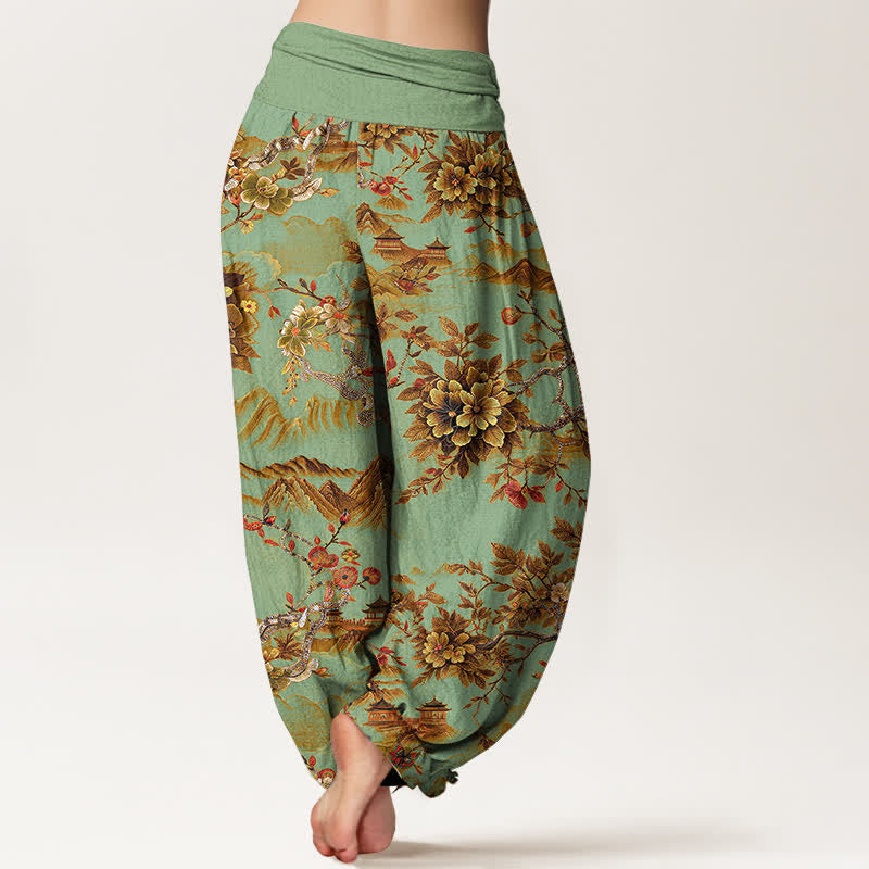 Buddha Stones Cotton Vintage DarkGoldenrod Floral Landscape Pattern Women's Elastic Waist Harem Pants - image 1