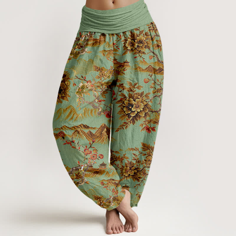 Buddha Stones Cotton Vintage DarkGoldenrod Floral Landscape Pattern Women's Elastic Waist Harem Pants - LightGreen - US16，UK/AU20，EU48 (3XL) - image 0